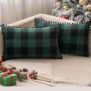 NWT Plaid Pillow Covers Farmhouse Buffalo with Pom-poms. Set of 2  12x20”